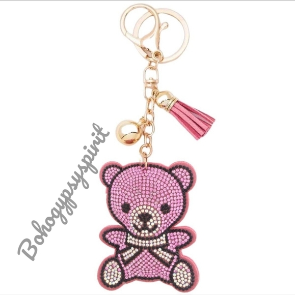 Bling Teddy Bear Crystal Rhinestone Keychain Bag Charm With Pink Tassel - Picture 8 of 12